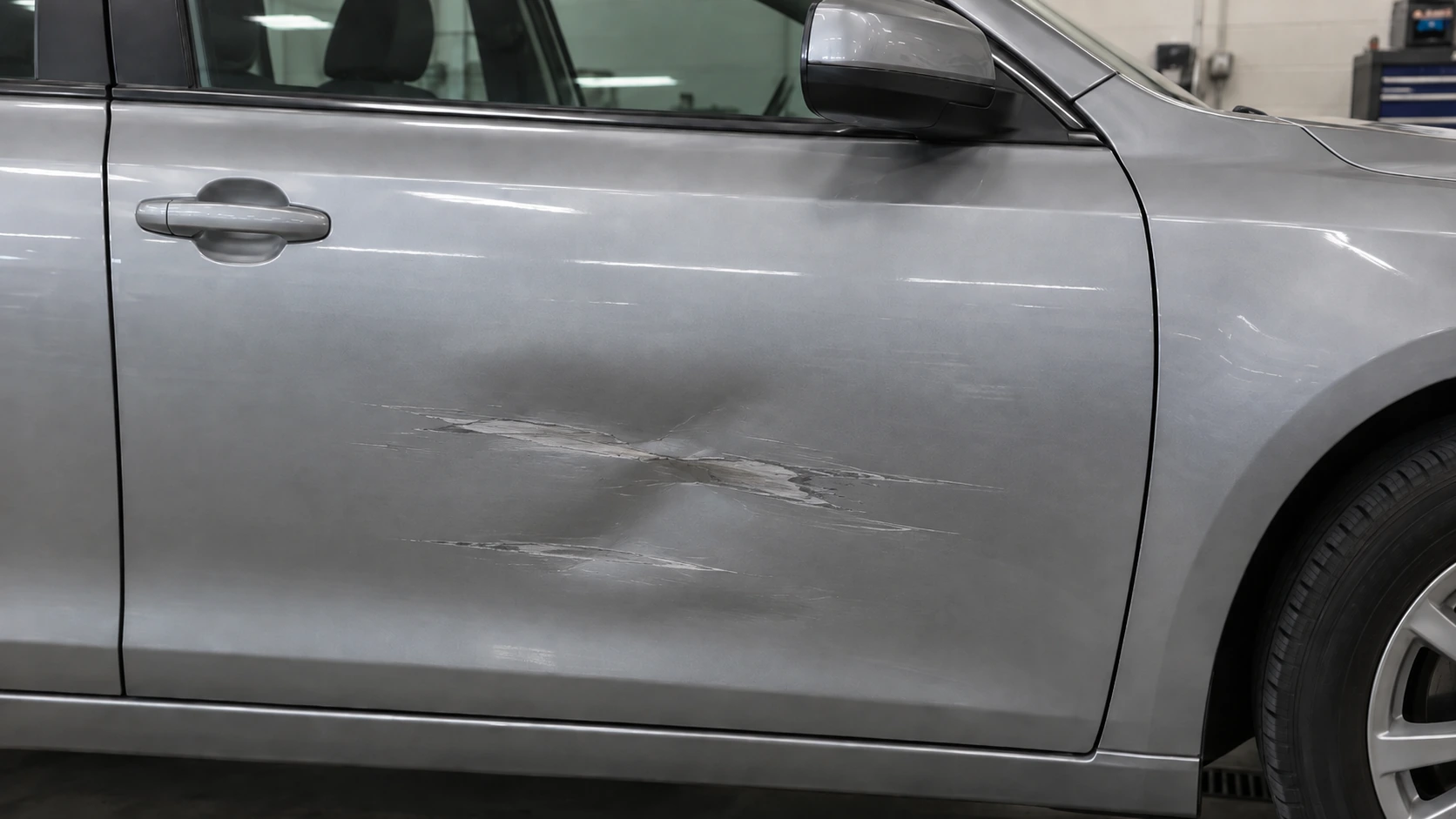 シルバーの車体ドアに大きなキズとヘコミがある状態を示した生成画像