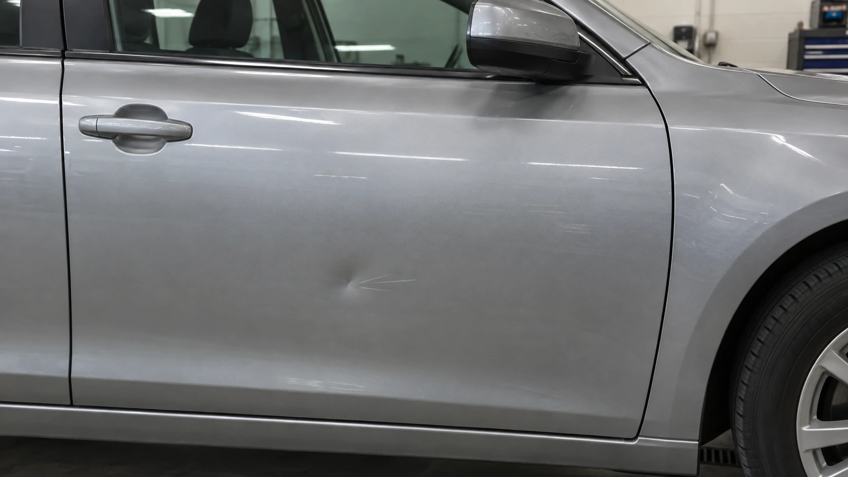 シルバーの車体ドアに小さなキズとヘコミがある状態を示した生成画像