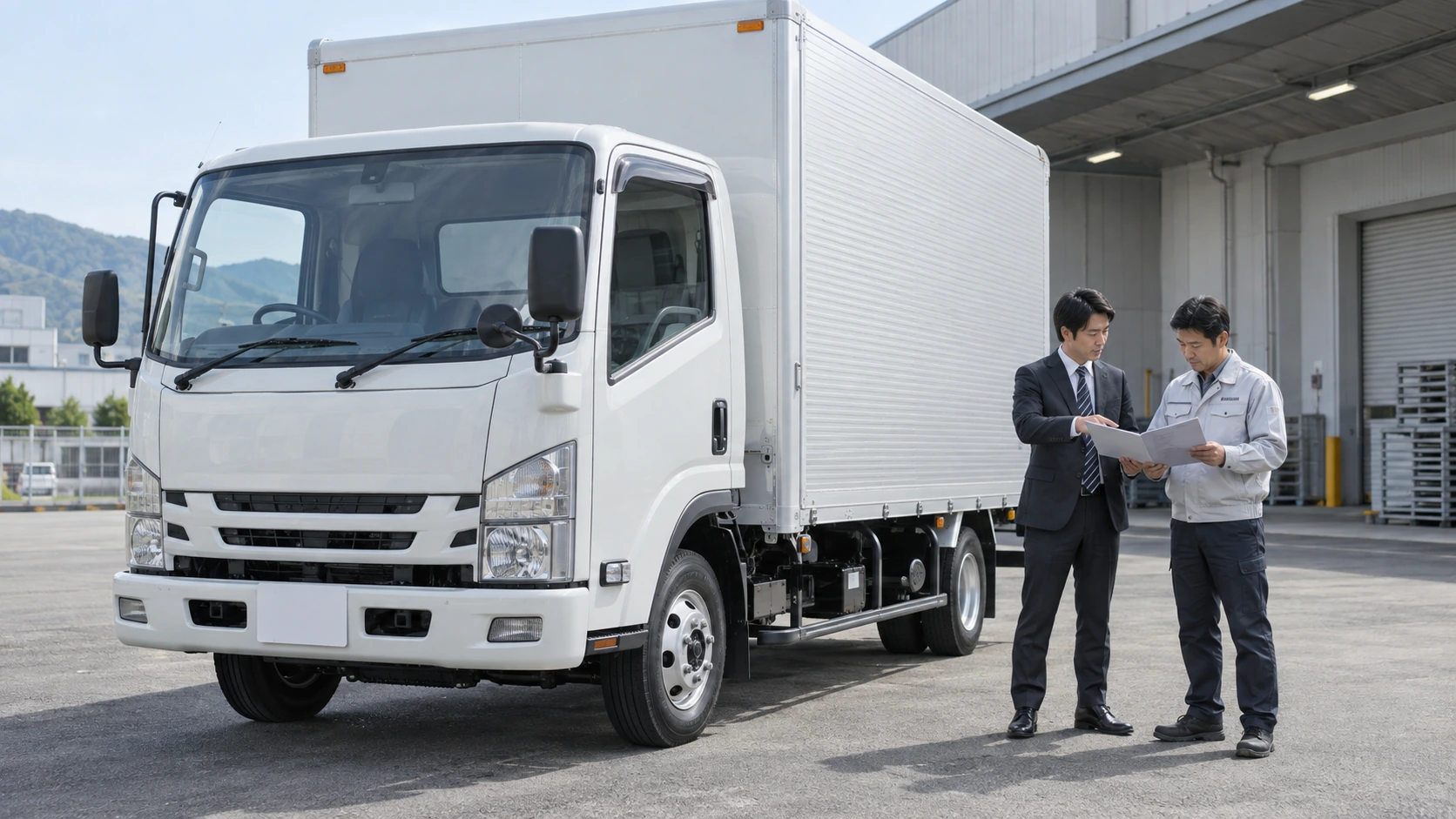 白い2軸の箱型トラックの横で成人2人が資料を確認する生成イメージ。実GATスタッフ・所有車両・販売在庫・納車実績の写真ではありません。