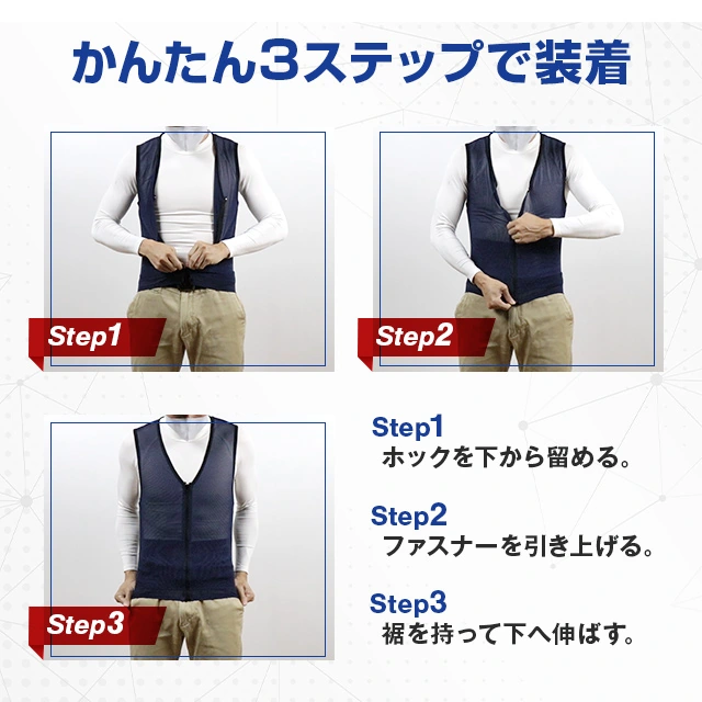 アトリエケーのタスケルを着用する3つの手順を示すメーカー製品画像