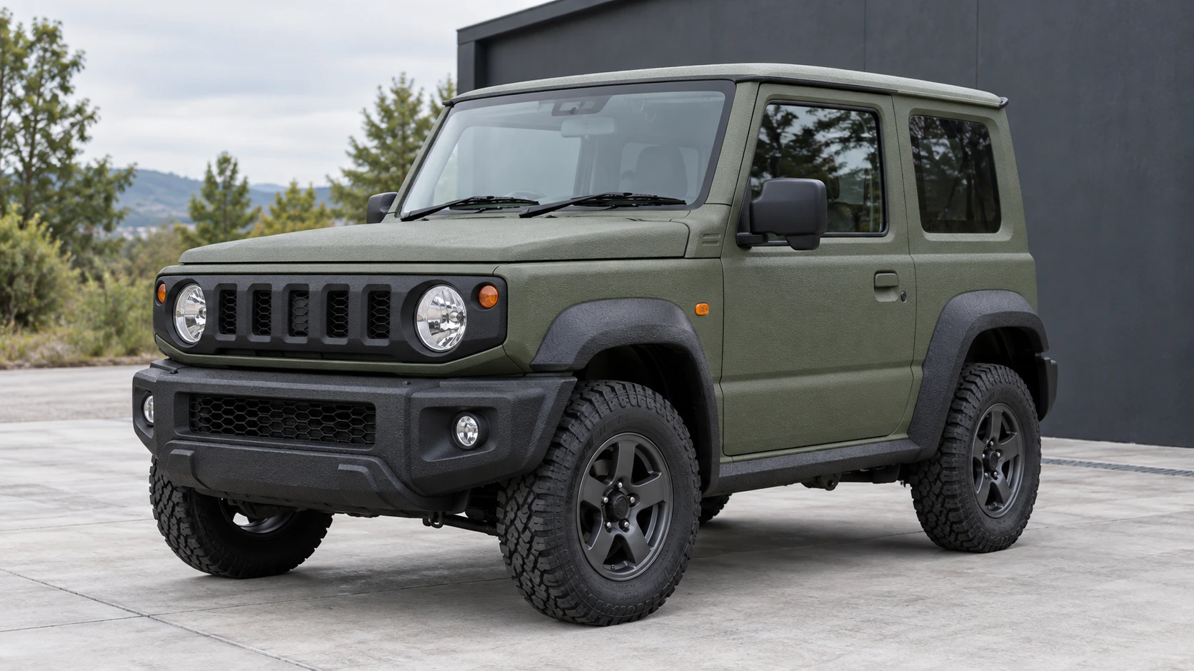 オリーブ色の粒状塗装と黒いバンパーを組み合わせた四輪駆動車の施工イメージ